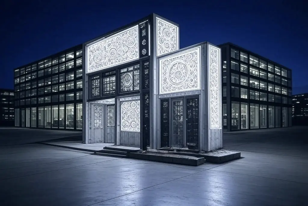 A sleek, rectangular commercial office building illuminated at night with minimal white lights on select glass panels. The structure features large, dark windows and a modern design, standing alone against a deep blue sky with a reflective concrete foreground. No people are visible.